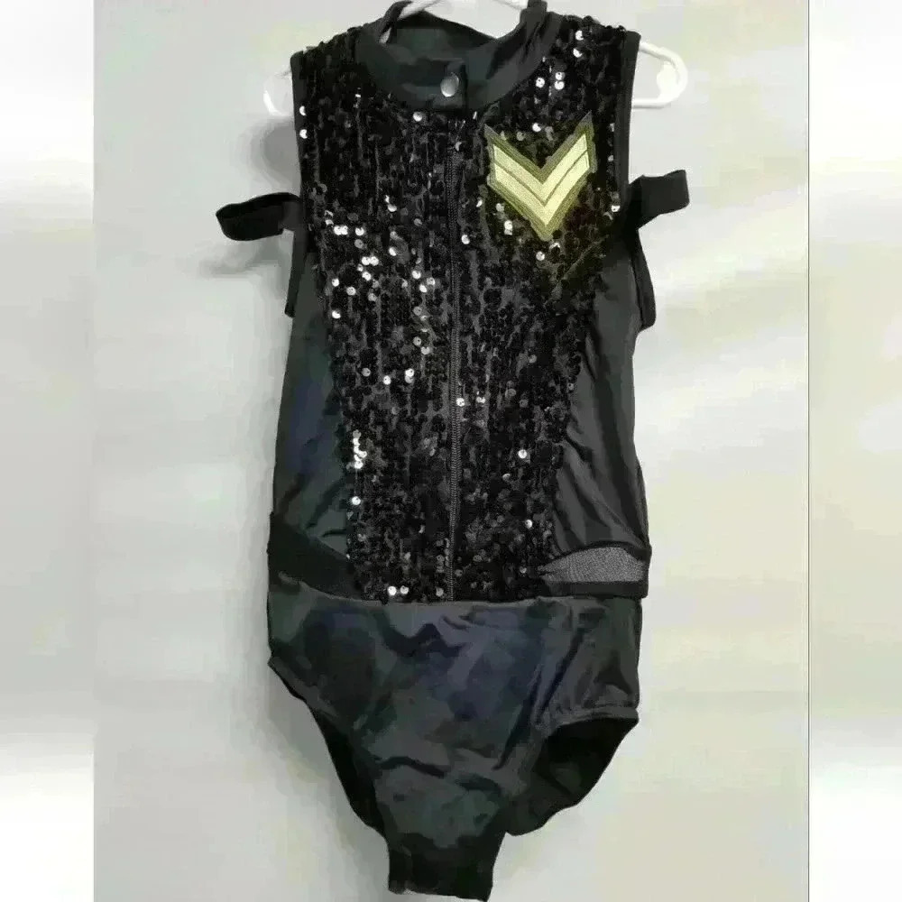 Girls Weissman Black Military Leotard with Stripes #10684 Sz LC (14)